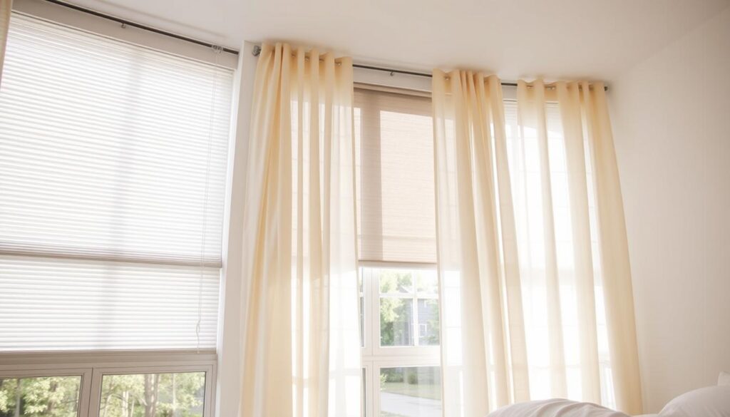 A bright, sun-filled room with floor-to-ceiling windows. Crisp, white cellular shades cover the windows, their honeycomb structure casting a soft, diffused light. Sheer, gauzy curtains in a light beige hue cascade gently from the ceiling, creating a layered, textured effect that softens the harsh glare of the sun. A sleek, modern roller shade in a deep charcoal gray is partially drawn, selectively blocking the intense rays and maintaining a comfortable, balanced temperature. The overall atmosphere is serene, tranquil, and effortlessly stylish, perfectly suited for keeping a dorm room cool and comfortable during the summer heat. A bright, sun-filled room with floor-to-ceiling windows. Crisp, white cellular shades cover the windows, their honeycomb structure casting a soft, diffused light. Sheer, gauzy curtains in a light beige hue cascade gently from the ceiling, creating a layered, textured effect that softens the harsh glare of the sun. A sleek, modern roller shade in a deep charcoal gray is partially drawn, selectively blocking the intense rays and maintaining a comfortable, balanced temperature. The overall atmosphere is serene, tranquil, and effortlessly stylish, perfectly suited for keeping a dorm room cool and comfortable during the summer heat.