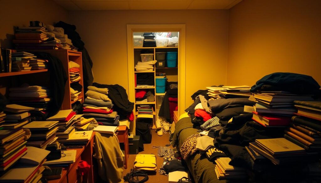 A cluttered dorm room with piles of clothes, books, and personal items scattered across a small desk, bed, and floor space. Dim, yellow-toned lighting casts shadows, creating a sense of confinement. Visible in the background, a cramped closet overflows with storage containers and shelves, highlighting the limited storage options. The scene conveys the challenges of maximizing space and organization in a typical student living environment. A cluttered dorm room with piles of clothes, books, and personal items scattered across a small desk, bed, and floor space. Dim, yellow-toned lighting casts shadows, creating a sense of confinement. Visible in the background, a cramped closet overflows with storage containers and shelves, highlighting the limited storage options. The scene conveys the challenges of maximizing space and organization in a typical student living environment.