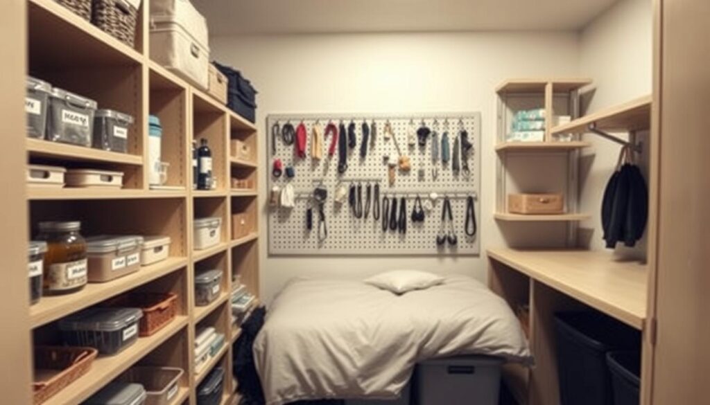 A compact dorm room with neatly organized storage solutions. In the foreground, a series of sturdy shelves and modular cubbies filled with labeled baskets, jars, and organizers. Midground showcases a wall-mounted pegboard system with various hooks and clips for hanging items. The background features a minimalist bed frame with concealed under-bed storage containers. Soft, diffuse lighting illuminates the space, creating a cozy and efficient atmosphere. The image conveys a sense of intentional, space-saving design to maximize the limited dorm environment. A compact dorm room with neatly organized storage solutions. In the foreground, a series of sturdy shelves and modular cubbies filled with labeled baskets, jars, and organizers. Midground showcases a wall-mounted pegboard system with various hooks and clips for hanging items. The background features a minimalist bed frame with concealed under-bed storage containers. Soft, diffuse lighting illuminates the space, creating a cozy and efficient atmosphere. The image conveys a sense of intentional, space-saving design to maximize the limited dorm environment.