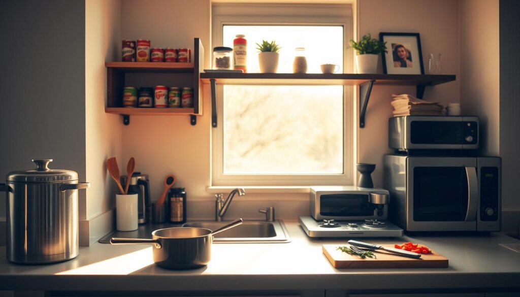 A cozy college kitchen counter, bathed in warm afternoon light from a large window. In the foreground, a simple but functional setup - a sturdy stainless steel pot, a few basic utensils, and a cutting board with freshly chopped vegetables. In the middle ground, a compact electric stove, a sleek coffee maker, and a small microwave oven, all in muted tones to blend seamlessly. The background features minimalist shelving with neatly organized canned goods, spices, and a few personal touches like a potted plant and a framed photo. The overall atmosphere is one of practicality and efficiency, with a touch of homey comfort - the perfect setting for budget-friendly dorm kitchen essentials. A cozy college kitchen counter, bathed in warm afternoon light from a large window. In the foreground, a simple but functional setup - a sturdy stainless steel pot, a few basic utensils, and a cutting board with freshly chopped vegetables. In the middle ground, a compact electric stove, a sleek coffee maker, and a small microwave oven, all in muted tones to blend seamlessly. The background features minimalist shelving with neatly organized canned goods, spices, and a few personal touches like a potted plant and a framed photo. The overall atmosphere is one of practicality and efficiency, with a touch of homey comfort - the perfect setting for budget-friendly dorm kitchen essentials.