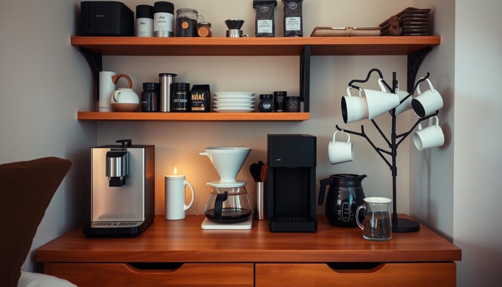 A cozy, compact dorm room coffee station with a minimalist wooden counter, featuring a small espresso machine, a sleek pour-over setup, and a mug tree. Soft, warm lighting illuminates the scene, creating a inviting atmosphere. The background showcases a neatly organized shelf displaying various coffee accessories and beans. The overall layout is efficient and space-saving, perfectly suited for the limited confines of a student living space. A cozy, compact dorm room coffee station with a minimalist wooden counter, featuring a small espresso machine, a sleek pour-over setup, and a mug tree. Soft, warm lighting illuminates the scene, creating a inviting atmosphere. The background showcases a neatly organized shelf displaying various coffee accessories and beans. The overall layout is efficient and space-saving, perfectly suited for the limited confines of a student living space.
