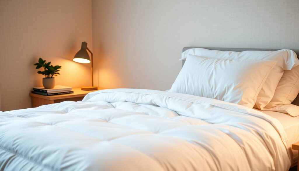 A cozy dorm bedroom with a comfortable, plush bedding setup. In the foreground, a twin-size bed is dressed in crisp white sheets, a fluffy down comforter, and several decorative pillows in muted pastel tones. Soft, warm lighting from a bedside lamp casts a gentle glow. In the middle ground, a simple wooden nightstand holds a potted plant and a stack of books. The background features a neutral-toned, textured wall, creating a soothing, relaxing atmosphere. The overall scene conveys a sense of affordable, yet elevated, bedroom comfort and style. A cozy dorm bedroom with a comfortable, plush bedding setup. In the foreground, a twin-size bed is dressed in crisp white sheets, a fluffy down comforter, and several decorative pillows in muted pastel tones. Soft, warm lighting from a bedside lamp casts a gentle glow. In the middle ground, a simple wooden nightstand holds a potted plant and a stack of books. The background features a neutral-toned, textured wall, creating a soothing, relaxing atmosphere. The overall scene conveys a sense of affordable, yet elevated, bedroom comfort and style.