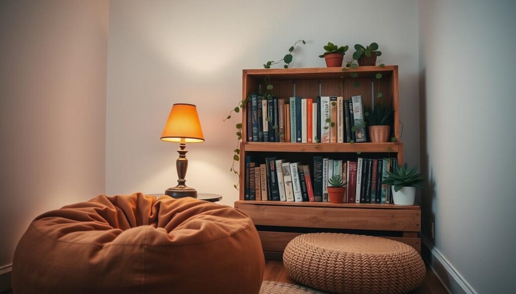 A cozy dorm reading nook with budget-friendly materials. In the foreground, a plush, earthy-toned bean bag chair and a woven floor cushion. On a small side table, a vintage-inspired table lamp casts a warm, amber glow. In the middle ground, a wooden crate serves as a makeshift bookshelf, filled with well-loved paperbacks. Trailing vines and potted succulents adorn the shelves, adding a touch of natural greenery. The background features a simple, whitewashed wall, allowing the curated arrangement to take center stage. Soft, diffused lighting creates an intimate, inviting atmosphere, perfect for curling up with a good book. A cozy dorm reading nook with budget-friendly materials. In the foreground, a plush, earthy-toned bean bag chair and a woven floor cushion. On a small side table, a vintage-inspired table lamp casts a warm, amber glow. In the middle ground, a wooden crate serves as a makeshift bookshelf, filled with well-loved paperbacks. Trailing vines and potted succulents adorn the shelves, adding a touch of natural greenery. The background features a simple, whitewashed wall, allowing the curated arrangement to take center stage. Soft, diffused lighting creates an intimate, inviting atmosphere, perfect for curling up with a good book.