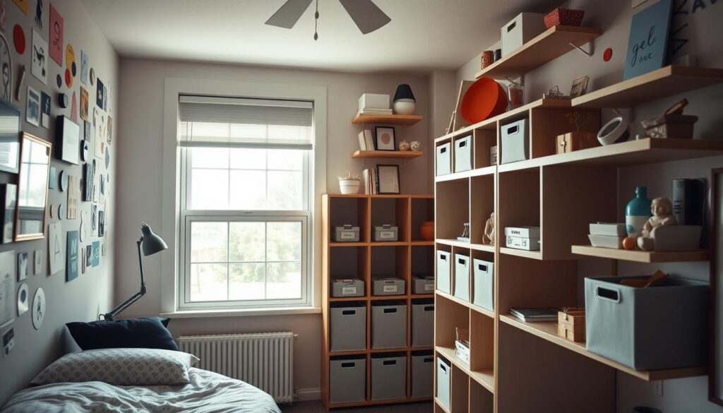 A cozy dorm room adorned with an array of removable wall decals and peel-and-stick shelves, creating a visually striking and damage-free display. The foreground features a collage of playful illustrations and geometric shapes, adding pops of color to the neutral walls. In the middle ground, modular storage units with soft fabric bins line the shelves, providing ample space for personal items. The background showcases natural lighting filtering through a large window, casting a warm, inviting glow and highlighting the room's tidy, organized atmosphere. The overall scene conveys a harmonious balance between functionality and personal expression, reflecting the benefits of decorating a dorm without compromising the integrity of the walls. A cozy dorm room adorned with an array of removable wall decals and peel-and-stick shelves, creating a visually striking and damage-free display. The foreground features a collage of playful illustrations and geometric shapes, adding pops of color to the neutral walls. In the middle ground, modular storage units with soft fabric bins line the shelves, providing ample space for personal items. The background showcases natural lighting filtering through a large window, casting a warm, inviting glow and highlighting the room's tidy, organized atmosphere. The overall scene conveys a harmonious balance between functionality and personal expression, reflecting the benefits of decorating a dorm without compromising the integrity of the walls.
