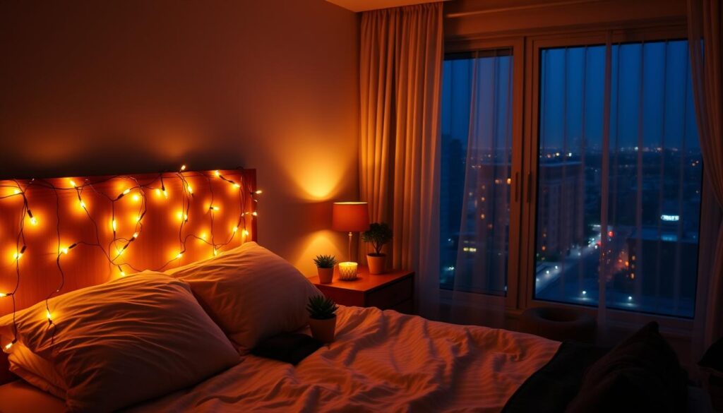A cozy dorm room bathed in a warm, ambient glow. The foreground features a tightly-clustered arrangement of string lights draped artfully along the headboard, casting a soft, diffused illumination across the bedding. In the middle ground, a collection of small potted plants and decorative candles dot the nightstand, adding pops of greenery and gentle flickering light. The background showcases a large window overlooking a cityscape, with the outside streetlights visible through sheer curtains, creating a serene, atmospheric effect. The overall mood is one of tranquility and relaxation, perfect for setting the stage for a cozy, inviting dorm space. A cozy dorm room bathed in a warm, ambient glow. The foreground features a tightly-clustered arrangement of string lights draped artfully along the headboard, casting a soft, diffused illumination across the bedding. In the middle ground, a collection of small potted plants and decorative candles dot the nightstand, adding pops of greenery and gentle flickering light. The background showcases a large window overlooking a cityscape, with the outside streetlights visible through sheer curtains, creating a serene, atmospheric effect. The overall mood is one of tranquility and relaxation, perfect for setting the stage for a cozy, inviting dorm space.