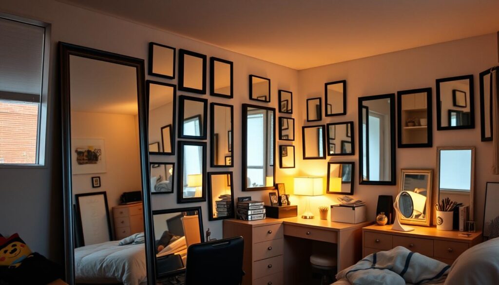 A cozy dorm room filled with an array of mirrors, strategically placed to maximize the illusion of space. Sleek, modern frames in silver and black reflect the warm, ambient lighting, creating a sense of depth and openness. In the foreground, a large, full-length mirror leans against the wall, its clean lines complementing the minimalist decor. Smaller mirrors are scattered throughout, some mounted on the walls, others resting on desks and dressers, all working in harmony to brighten the room and make it feel more expansive. The overall atmosphere is one of tranquility and organization, with the mirrors serving as both functional and decorative elements in this essential dorm room setup. A cozy dorm room filled with an array of mirrors, strategically placed to maximize the illusion of space. Sleek, modern frames in silver and black reflect the warm, ambient lighting, creating a sense of depth and openness. In the foreground, a large, full-length mirror leans against the wall, its clean lines complementing the minimalist decor. Smaller mirrors are scattered throughout, some mounted on the walls, others resting on desks and dressers, all working in harmony to brighten the room and make it feel more expansive. The overall atmosphere is one of tranquility and organization, with the mirrors serving as both functional and decorative elements in this essential dorm room setup.