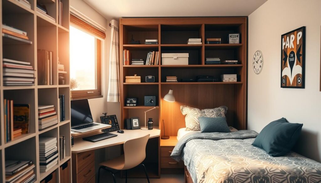 A cozy dorm room interior with neatly organized storage solutions. The foreground features a well-designed modular shelving unit, its various compartments and drawers holding textbooks, electronics, and personal items. In the middle ground, a functional desk with a sleek laptop, a study lamp, and carefully curated desk organizers. The background showcases a comfy twin-sized bed with coordinated bedding and a compact dresser, optimizing the limited space. Warm, natural lighting filters through the window, creating a welcoming and productive atmosphere. The overall layout demonstrates how thoughtful storage and organization can transform a small dorm room into a harmonious and efficient living/study space. A cozy dorm room interior with neatly organized storage solutions. The foreground features a well-designed modular shelving unit, its various compartments and drawers holding textbooks, electronics, and personal items. In the middle ground, a functional desk with a sleek laptop, a study lamp, and carefully curated desk organizers. The background showcases a comfy twin-sized bed with coordinated bedding and a compact dresser, optimizing the limited space. Warm, natural lighting filters through the window, creating a welcoming and productive atmosphere. The overall layout demonstrates how thoughtful storage and organization can transform a small dorm room into a harmonious and efficient living/study space.