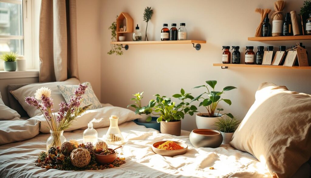 A cozy dorm room, sunlight streaming through the window, showcasing an artfully arranged display of natural fragrance alternatives. In the foreground, a cluster of fragrant dried flowers, herbs, and essential oil diffusers. In the middle ground, potted plants and bowls of fragrant spices, creating a soothing, botanical ambiance. The background features a wall-mounted shelf displaying small jars and bottles of homemade room sprays and sachets, all in earthy tones and natural textures. The lighting is soft and warm, emphasizing the inviting, fragrant atmosphere, free from the harsh scents of traditional candles. A cozy dorm room, sunlight streaming through the window, showcasing an artfully arranged display of natural fragrance alternatives. In the foreground, a cluster of fragrant dried flowers, herbs, and essential oil diffusers. In the middle ground, potted plants and bowls of fragrant spices, creating a soothing, botanical ambiance. The background features a wall-mounted shelf displaying small jars and bottles of homemade room sprays and sachets, all in earthy tones and natural textures. The lighting is soft and warm, emphasizing the inviting, fragrant atmosphere, free from the harsh scents of traditional candles.