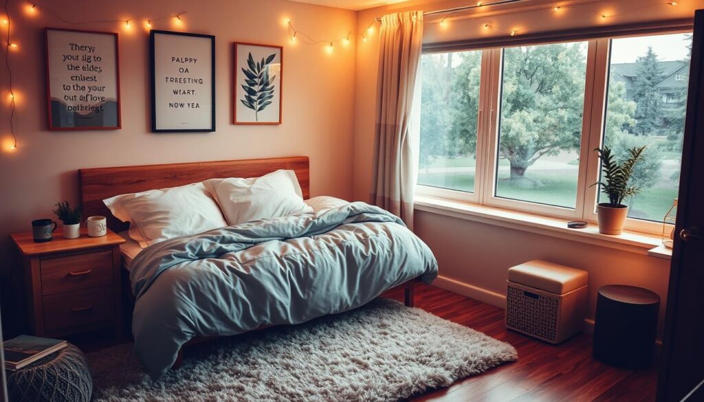 A cozy dorm room with a comfortable twin-sized bed, plush gray duvet, and fluffy white pillows. The room is illuminated by warm, soft lighting from a bedside lamp, casting a gentle glow over the space. On the nightstand, a cup of tea and a small potted plant add a soothing, natural touch. The walls are adorned with inspiring artwork and fairy lights, creating a serene, relaxing atmosphere. The wooden floor is partially covered by a plush, neutral-toned area rug, adding to the overall sense of coziness. The window offers a view of a peaceful, tree-lined campus, further enhancing the tranquil ambiance. A cozy dorm room with a comfortable twin-sized bed, plush gray duvet, and fluffy white pillows. The room is illuminated by warm, soft lighting from a bedside lamp, casting a gentle glow over the space. On the nightstand, a cup of tea and a small potted plant add a soothing, natural touch. The walls are adorned with inspiring artwork and fairy lights, creating a serene, relaxing atmosphere. The wooden floor is partially covered by a plush, neutral-toned area rug, adding to the overall sense of coziness. The window offers a view of a peaceful, tree-lined campus, further enhancing the tranquil ambiance.