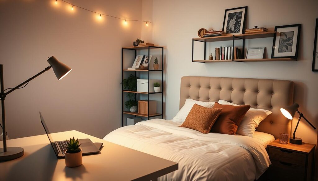 A cozy dorm room with a minimalist aesthetic, bathed in soft, warm lighting from a mix of floor lamps and string lights. In the foreground, a sleek, modern desk with a laptop, a succulent plant, and a stylish desk organizer. The middle ground features a plush, tufted headboard on the bed, complemented by crisp white linens and throw pillows in earthy tones. In the background, a modular shelving unit displays personal trinkets, books, and framed artwork, creating a sense of curation and personality. The overall atmosphere is one of relaxed sophistication, perfect for a productive yet comfortable study space.