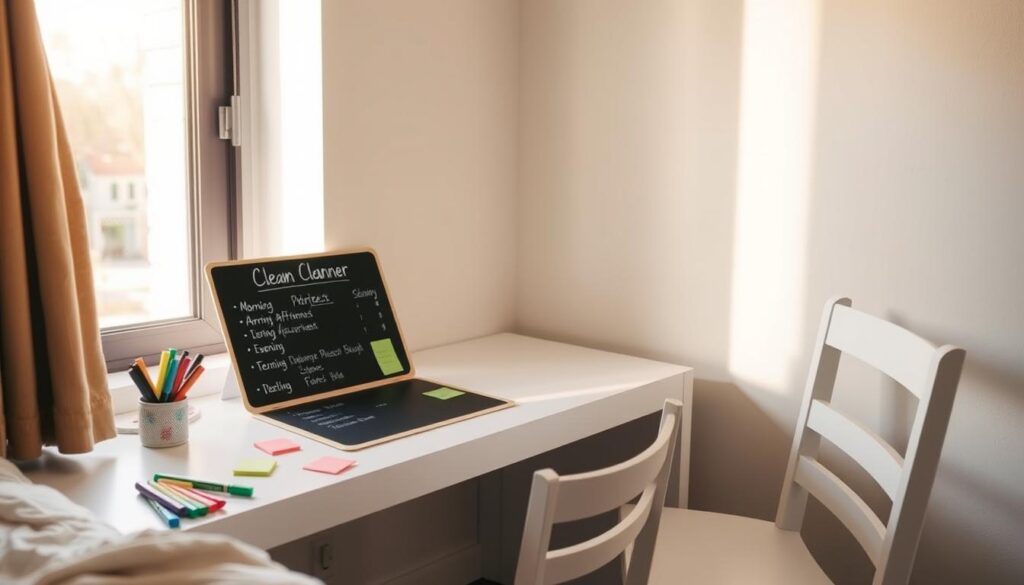 A cozy dorm room with a minimalist white desk and chair. On the desk, a meticulously organized daily cleaning schedule in the form of a chalkboard planner, neatly divided into morning, afternoon, and evening tasks. Colorful sticky notes and a set of multicolored markers lie nearby, suggesting a collaborative effort between roommates. The room is bathed in warm, natural light from a large window, casting a soft glow on the clean, tidy space. A sense of order and efficiency pervades the scene, reflecting the practicality and organization required to maintain a shared living environment. A cozy dorm room with a minimalist white desk and chair. On the desk, a meticulously organized daily cleaning schedule in the form of a chalkboard planner, neatly divided into morning, afternoon, and evening tasks. Colorful sticky notes and a set of multicolored markers lie nearby, suggesting a collaborative effort between roommates. The room is bathed in warm, natural light from a large window, casting a soft glow on the clean, tidy space. A sense of order and efficiency pervades the scene, reflecting the practicality and organization required to maintain a shared living environment.