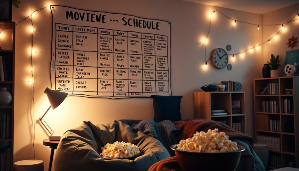 A cozy dorm room with a movie schedule prominently displayed on the wall. The schedule is designed with a retro, hand-drawn aesthetic, featuring a mix of classic and contemporary film titles arranged in an organized grid. Soft, warm lighting illuminates the scene, creating a welcoming and inviting atmosphere. In the foreground, a comfortable bean bag chair and a bowl of fresh popcorn set the stage for a relaxing movie night. The background features subtle details like movie-themed decor, string lights, and a small bookshelf filled with film-related items, all contributing to the intimate and personalized feel of the space. A cozy dorm room with a movie schedule prominently displayed on the wall. The schedule is designed with a retro, hand-drawn aesthetic, featuring a mix of classic and contemporary film titles arranged in an organized grid. Soft, warm lighting illuminates the scene, creating a welcoming and inviting atmosphere. In the foreground, a comfortable bean bag chair and a bowl of fresh popcorn set the stage for a relaxing movie night. The background features subtle details like movie-themed decor, string lights, and a small bookshelf filled with film-related items, all contributing to the intimate and personalized feel of the space.