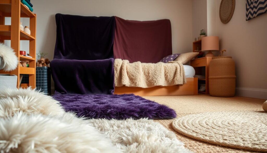 A cozy dorm room with a variety of plush, tactile rug materials on display. The foreground showcases a range of textures, from the soft, shaggy pile of a shearling rug to the subtle weave of a natural jute mat. In the middle ground, a plush velvet rug in a rich jewel-toned hue adds a touch of luxury, while a durable, low-profile woven rug in neutral tones anchors the composition. The background features a clean, well-lit space with neutral walls, allowing the diverse rug options to shine. Soft, diffused lighting casts a warm, inviting glow, highlighting the unique characteristics of each material. The overall scene conveys a sense of comfort, functionality, and personal style - the perfect inspiration for creating a cozy, practical dorm room oasis. A cozy dorm room with a variety of plush, tactile rug materials on display. The foreground showcases a range of textures, from the soft, shaggy pile of a shearling rug to the subtle weave of a natural jute mat. In the middle ground, a plush velvet rug in a rich jewel-toned hue adds a touch of luxury, while a durable, low-profile woven rug in neutral tones anchors the composition. The background features a clean, well-lit space with neutral walls, allowing the diverse rug options to shine. Soft, diffused lighting casts a warm, inviting glow, highlighting the unique characteristics of each material. The overall scene conveys a sense of comfort, functionality, and personal style - the perfect inspiration for creating a cozy, practical dorm room oasis.