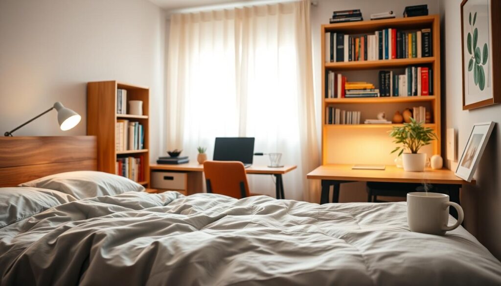 A cozy dorm room with a warm, inviting atmosphere. In the foreground, a plush grey duvet cover, fluffy pillows, and a stylish wooden headboard. On the nightstand, a minimalist lamp casts a soft glow. In the middle ground, a wooden desk with a sleek laptop, a plant in a ceramic pot, and a mug of steaming tea. The background features bookshelves filled with colorful volumes and framed artwork on the walls, creating a sense of personalized style. Soft, diffused lighting filters through sheer curtains, enhancing the tranquil ambiance. The overall scene conveys a harmonious balance of functionality and comfort, perfect for a student's sanctuary.