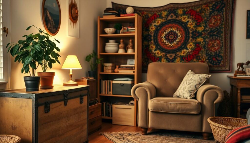 A cozy dorm room with thrifted decor items thoughtfully arranged. In the foreground, a upcycled vintage chest repurposed as a side table, adorned with a lush potted plant and a quirky lamp. The middle ground features a plush secondhand armchair, its worn fabric adding character, positioned beside a rustic bookshelf displaying an eclectic mix of found objects and thrifted trinkets. The background showcases a vibrant tapestry or wall hanging, its vibrant colors and patterns creating a warm, inviting ambiance. Soft, diffused lighting casts a gentle glow, emphasizing the room's homey, lived-in feel. The overall scene conveys a sense of personalized, budget-friendly style that celebrates the beauty of repurposed items. A cozy dorm room with thrifted decor items thoughtfully arranged. In the foreground, a upcycled vintage chest repurposed as a side table, adorned with a lush potted plant and a quirky lamp. The middle ground features a plush secondhand armchair, its worn fabric adding character, positioned beside a rustic bookshelf displaying an eclectic mix of found objects and thrifted trinkets. The background showcases a vibrant tapestry or wall hanging, its vibrant colors and patterns creating a warm, inviting ambiance. Soft, diffused lighting casts a gentle glow, emphasizing the room's homey, lived-in feel. The overall scene conveys a sense of personalized, budget-friendly style that celebrates the beauty of repurposed items.