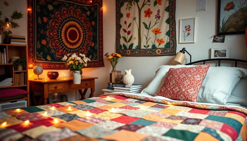 A cozy dorm room with vibrant, budget-friendly seasonal decor. In the foreground, a colorful patchwork quilt covers the bed, complemented by plush pillows and a string of twinkling fairy lights. In the middle ground, a small desk displays a vase of fresh wildflowers, a ceramic figurine, and a stack of textbooks. The background features a wall adorned with a vibrant tapestry, nature-inspired artwork, and a few framed photographs. Soft, warm lighting creates a welcoming ambiance, conveying a sense of comfort and personalization within a limited student budget. A cozy dorm room with vibrant, budget-friendly seasonal decor. In the foreground, a colorful patchwork quilt covers the bed, complemented by plush pillows and a string of twinkling fairy lights. In the middle ground, a small desk displays a vase of fresh wildflowers, a ceramic figurine, and a stack of textbooks. The background features a wall adorned with a vibrant tapestry, nature-inspired artwork, and a few framed photographs. Soft, warm lighting creates a welcoming ambiance, conveying a sense of comfort and personalization within a limited student budget.