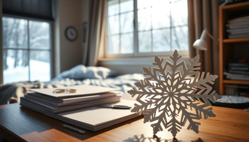 A cozy, well-lit dorm room with a large window overlooking a snowy winter landscape. On the desk, a stack of crisp white paper, scissors, and a tutorial guide, all bathed in warm, natural light. In the foreground, the delicate, intricate forms of a handmade paper snowflake emerge, its intricate patterns casting soft shadows on the surface. The overall atmosphere is one of focused creativity, holiday cheer, and a sense of DIY accomplishment, perfect for decorating a college dorm on a budget. A cozy, well-lit dorm room with a large window overlooking a snowy winter landscape. On the desk, a stack of crisp white paper, scissors, and a tutorial guide, all bathed in warm, natural light. In the foreground, the delicate, intricate forms of a handmade paper snowflake emerge, its intricate patterns casting soft shadows on the surface. The overall atmosphere is one of focused creativity, holiday cheer, and a sense of DIY accomplishment, perfect for decorating a college dorm on a budget.