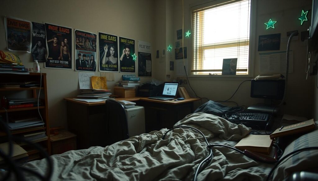 A dimly lit dorm room, cluttered with textbooks, snack wrappers, and tangled cables. A single bed with rumpled sheets in the foreground, a secondhand desk supporting a battered laptop in the middle ground. Posters of indie bands and glow-in-the-dark stars dot the walls, casting a soft, hazy glow. Sunlight filters through dusty blinds, illuminating the chaos of student life. An atmosphere of frantic, sleep-deprived productivity, with a hint of carefree youthfulness. Captured through a wide-angle lens to emphasize the cramped, cozy confines of the space. A dimly lit dorm room, cluttered with textbooks, snack wrappers, and tangled cables. A single bed with rumpled sheets in the foreground, a secondhand desk supporting a battered laptop in the middle ground. Posters of indie bands and glow-in-the-dark stars dot the walls, casting a soft, hazy glow. Sunlight filters through dusty blinds, illuminating the chaos of student life. An atmosphere of frantic, sleep-deprived productivity, with a hint of carefree youthfulness. Captured through a wide-angle lens to emphasize the cramped, cozy confines of the space.
