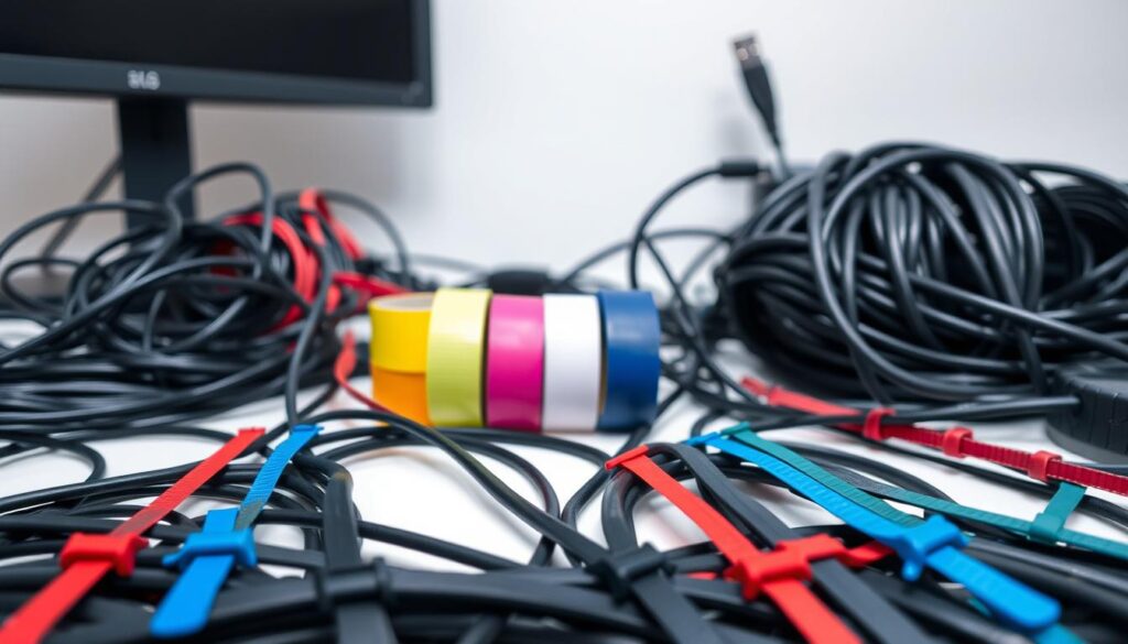 A meticulously organized desk setup, with a vibrant array of cable ties and Velcro straps neatly arranging a maze of cords and cables. The foreground showcases the intricate patterns formed by the black and colored cable ties, strategically securing and bundling the wires. In the middle ground, rolls of Velcro tape in various hues create a visually appealing contrast, offering a versatile solution for managing and securing the cables. The background features a sleek, minimalist workspace, with a focus on clean lines and efficient organization, highlighting the practical application of these simple yet effective cable management tools. A meticulously organized desk setup, with a vibrant array of cable ties and Velcro straps neatly arranging a maze of cords and cables. The foreground showcases the intricate patterns formed by the black and colored cable ties, strategically securing and bundling the wires. In the middle ground, rolls of Velcro tape in various hues create a visually appealing contrast, offering a versatile solution for managing and securing the cables. The background features a sleek, minimalist workspace, with a focus on clean lines and efficient organization, highlighting the practical application of these simple yet effective cable management tools.