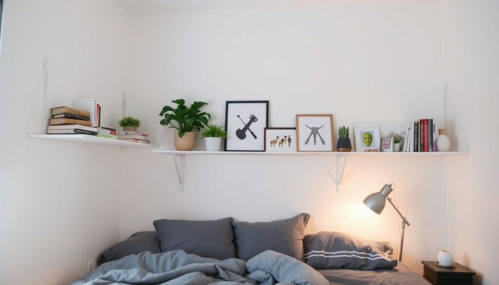 A modern, minimalist dorm room with a neatly organized shelving unit made from tension rods. The rods span the width of the room, supporting an array of everyday objects - books, plants, framed artwork, and decorative items. Soft, diffused lighting from a floor lamp casts a warm glow, highlighting the clean, functional design. The tension rods seamlessly blend into the neutral color scheme, creating a harmonious, clutter-free aesthetic. The camera angle captures the versatility of the tension rod setup, showcasing how it can maximize limited dorm space in a stylish, practical manner. A modern, minimalist dorm room with a neatly organized shelving unit made from tension rods. The rods span the width of the room, supporting an array of everyday objects - books, plants, framed artwork, and decorative items. Soft, diffused lighting from a floor lamp casts a warm glow, highlighting the clean, functional design. The tension rods seamlessly blend into the neutral color scheme, creating a harmonious, clutter-free aesthetic. The camera angle captures the versatility of the tension rod setup, showcasing how it can maximize limited dorm space in a stylish, practical manner.