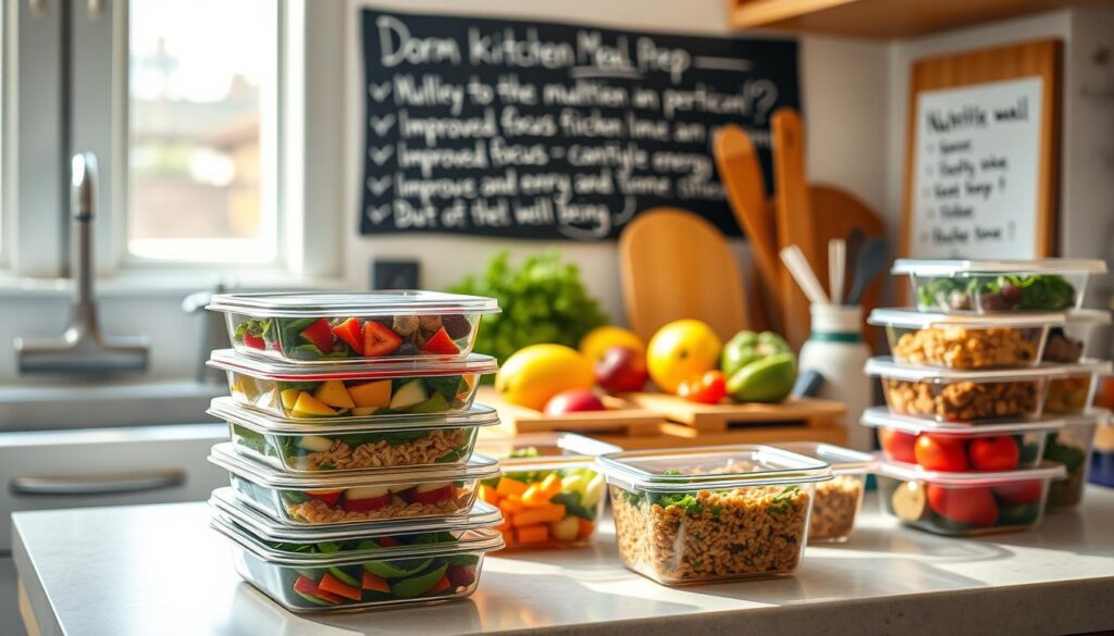 A neatly organized dorm kitchen counter with various healthy meal prep containers, fresh produce, and basic cooking utensils. The scene is bathed in warm, natural lighting, with a soft, inviting atmosphere. In the foreground, a stack of colorful, portioned-out meals showcases the benefits of college meal prep: nutritious, cost-effective, and time-saving. The middle ground features an array of fresh fruits, vegetables, and grains, hinting at the variety of healthy options available. In the background, a wall-mounted whiteboard or chalkboard displays handwritten notes on the advantages of dorm kitchen meal prep, such as improved focus, energy, and overall well-being. A neatly organized dorm kitchen counter with various healthy meal prep containers, fresh produce, and basic cooking utensils. The scene is bathed in warm, natural lighting, with a soft, inviting atmosphere. In the foreground, a stack of colorful, portioned-out meals showcases the benefits of college meal prep: nutritious, cost-effective, and time-saving. The middle ground features an array of fresh fruits, vegetables, and grains, hinting at the variety of healthy options available. In the background, a wall-mounted whiteboard or chalkboard displays handwritten notes on the advantages of dorm kitchen meal prep, such as improved focus, energy, and overall well-being.