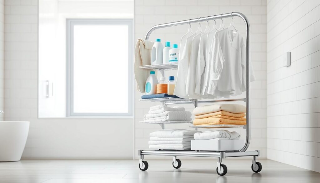A portable, organized mobile laundry station set against a bright, clean bathroom backdrop. In the foreground, a wheeled cart with multiple shelves and hanging rods, neatly storing detergents, fabric softeners, and folded clean clothes. Midground features a sleek, minimalist design with a modern white and chrome color scheme. In the background, a tiled bathroom wall with a large window, allowing natural light to pour in and create a calming, refreshing atmosphere. The lighting is soft and diffused, enhancing the overall sense of order and efficiency. The camera angle is slightly elevated, providing a comprehensive view of the complete laundry setup. A portable, organized mobile laundry station set against a bright, clean bathroom backdrop. In the foreground, a wheeled cart with multiple shelves and hanging rods, neatly storing detergents, fabric softeners, and folded clean clothes. Midground features a sleek, minimalist design with a modern white and chrome color scheme. In the background, a tiled bathroom wall with a large window, allowing natural light to pour in and create a calming, refreshing atmosphere. The lighting is soft and diffused, enhancing the overall sense of order and efficiency. The camera angle is slightly elevated, providing a comprehensive view of the complete laundry setup.