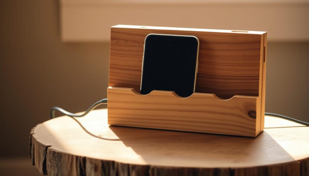 A rustic wood organizer with thoughtfully placed cord holes stands on a sturdy wooden surface, bathed in warm, natural lighting. The organizer's smooth, sanded texture and minimalist design exude a sense of understated elegance, complementing the cozy, inviting atmosphere of the scene. Intricate details, like the precise placement of the cord holes and the subtle grain patterns in the wood, showcase the craftsmanship and attention to detail. The organizer's neutral tones blend seamlessly with the earthy, muted background, creating a harmonious and visually appealing composition that would seamlessly integrate into the "Materials and Preparation for Your DIY Charging Station" section of the article. A rustic wood organizer with thoughtfully placed cord holes stands on a sturdy wooden surface, bathed in warm, natural lighting. The organizer's smooth, sanded texture and minimalist design exude a sense of understated elegance, complementing the cozy, inviting atmosphere of the scene. Intricate details, like the precise placement of the cord holes and the subtle grain patterns in the wood, showcase the craftsmanship and attention to detail. The organizer's neutral tones blend seamlessly with the earthy, muted background, creating a harmonious and visually appealing composition that would seamlessly integrate into the "Materials and Preparation for Your DIY Charging Station" section of the article.