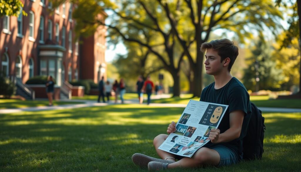 A serene, sun-dappled campus scene. In the foreground, a young student sits cross-legged on the grass, gazing intently at a vision board in their lap - a collage of inspiring images, motivational quotes, and personal aspirations. The middle ground reveals the university's stately brick buildings, their facades casting long shadows in the golden afternoon light. In the background, a tree-lined path winds through lush greenery, students strolling by, lost in their own reflections. A sense of clarity, focus, and purpose pervades the atmosphere, as the young scholar envisions their bright future. A serene, sun-dappled campus scene. In the foreground, a young student sits cross-legged on the grass, gazing intently at a vision board in their lap - a collage of inspiring images, motivational quotes, and personal aspirations. The middle ground reveals the university's stately brick buildings, their facades casting long shadows in the golden afternoon light. In the background, a tree-lined path winds through lush greenery, students strolling by, lost in their own reflections. A sense of clarity, focus, and purpose pervades the atmosphere, as the young scholar envisions their bright future.