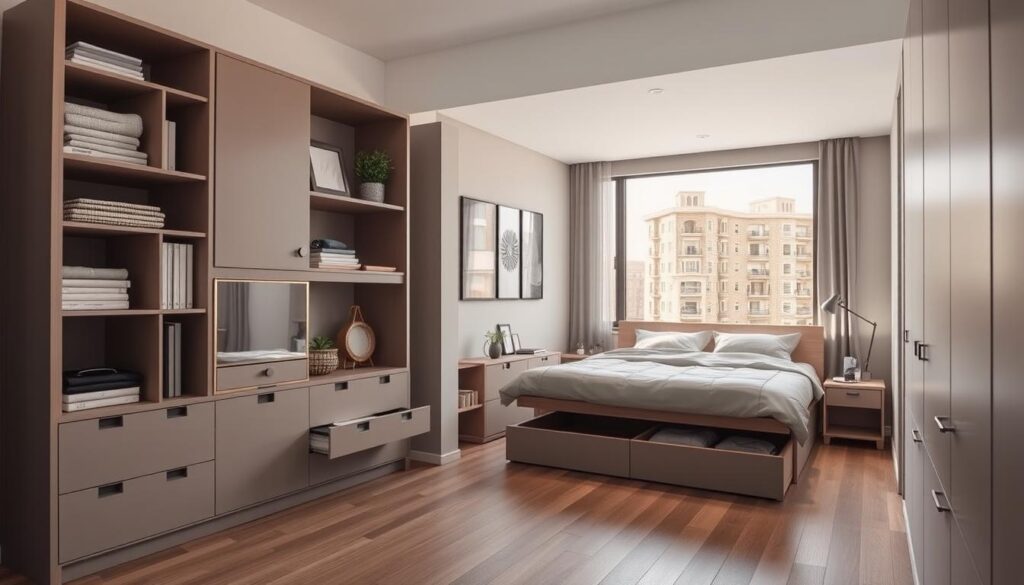 A sleek, modern studio apartment with clean lines and minimalist decor. In the foreground, a versatile storage unit with multiple compartments, shelves, and hidden drawers to neatly organize everyday items. In the middle ground, a multifunctional bed frame with built-in storage space underneath, maximizing the limited floor area. The background features a large window flooding the room with warm, natural light, creating an airy and inviting atmosphere. The overall design emphadata-sizes smart, space-saving solutions to make the most of a small living space. A sleek, modern studio apartment with clean lines and minimalist decor. In the foreground, a versatile storage unit with multiple compartments, shelves, and hidden drawers to neatly organize everyday items. In the middle ground, a multifunctional bed frame with built-in storage space underneath, maximizing the limited floor area. The background features a large window flooding the room with warm, natural light, creating an airy and inviting atmosphere. The overall design emphadata-sizes smart, space-saving solutions to make the most of a small living space.