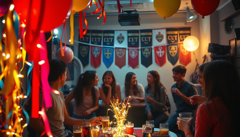 A vibrant college party scene, bathed in warm, festive lighting. In the foreground, an array of colorful party decorations - streamers, balloons, and a centerpiece of glowing fairy lights. In the middle ground, a group of students gathered around a table, laughing and enjoying drinks and snacks. In the background, a wall adorned with university banners and flags, creating a lively, collegiate atmosphere. The lighting is soft and inviting, casting a cozy, celebratory glow over the entire scene. The overall mood is one of youthful energy, friendship, and the spirit of a small, intimate gathering. A vibrant college party scene, bathed in warm, festive lighting. In the foreground, an array of colorful party decorations - streamers, balloons, and a centerpiece of glowing fairy lights. In the middle ground, a group of students gathered around a table, laughing and enjoying drinks and snacks. In the background, a wall adorned with university banners and flags, creating a lively, collegiate atmosphere. The lighting is soft and inviting, casting a cozy, celebratory glow over the entire scene. The overall mood is one of youthful energy, friendship, and the spirit of a small, intimate gathering.
