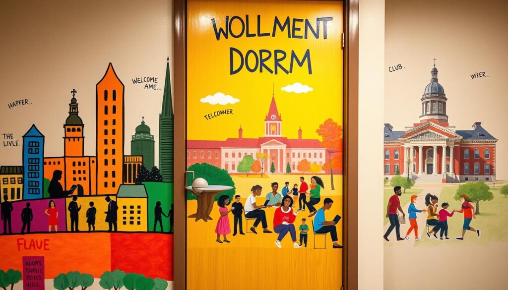 A vibrant, community-focused dorm door adorned with a mural of campus landmarks, students engaged in various activities, and inspirational messages. The foreground features a colorful, hand-painted design with bold, geometric patterns and silhouettes of people. The middle ground showcases a lively scene of students studying, socializing, and participating in club activities, reflecting the diversity and energy of campus life. In the background, the iconic architecture of the university buildings provides a sense of place and belonging. The overall composition is warm and inviting, conveying a welcoming atmosphere that encourages connection and engagement within the dorm community.