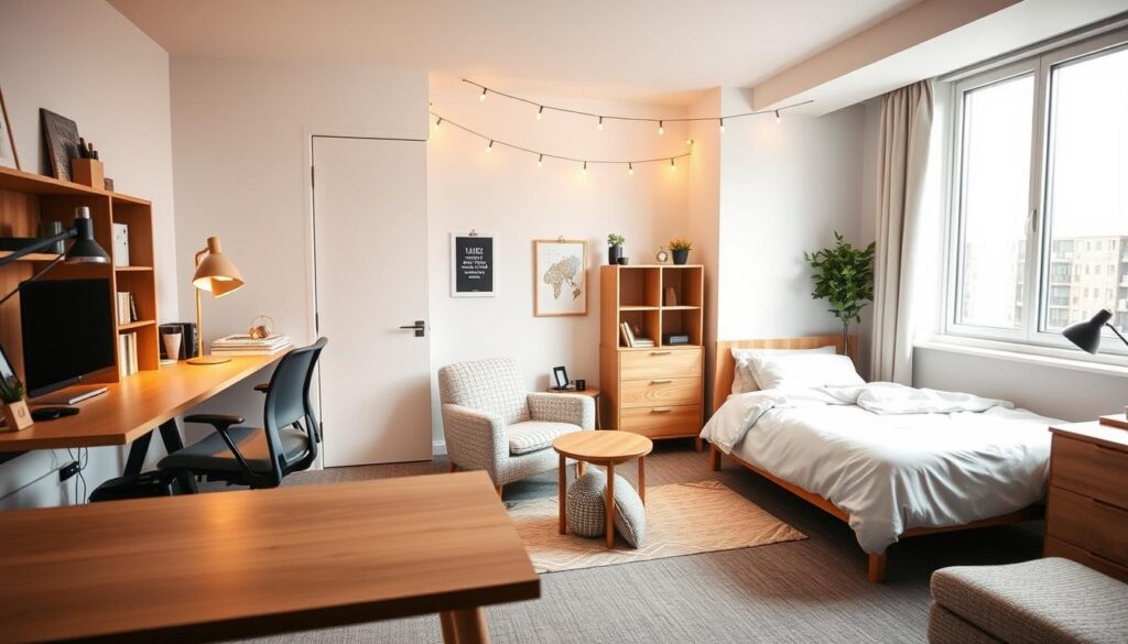 A well-designed dorm room with distinct study and chill zones. In the foreground, a cozy study nook with a minimalist desk, ergonomic chair, and a task lamp providing warm, focused lighting. In the middle ground, a plush reading chair and side table create a relaxing, personal space. The background showcases a full-sized bed, nightstand, and string lights overhead, establishing a tranquil, bedroom-like atmosphere. Ambient light filters in through a large window, casting a soft, natural glow throughout the room. The overall aesthetic is modern, Scandinavian-inspired, and encourages productivity and relaxation in equal measure. A well-designed dorm room with distinct study and chill zones. In the foreground, a cozy study nook with a minimalist desk, ergonomic chair, and a task lamp providing warm, focused lighting. In the middle ground, a plush reading chair and side table create a relaxing, personal space. The background showcases a full-sized bed, nightstand, and string lights overhead, establishing a tranquil, bedroom-like atmosphere. Ambient light filters in through a large window, casting a soft, natural glow throughout the room. The overall aesthetic is modern, Scandinavian-inspired, and encourages productivity and relaxation in equal measure.