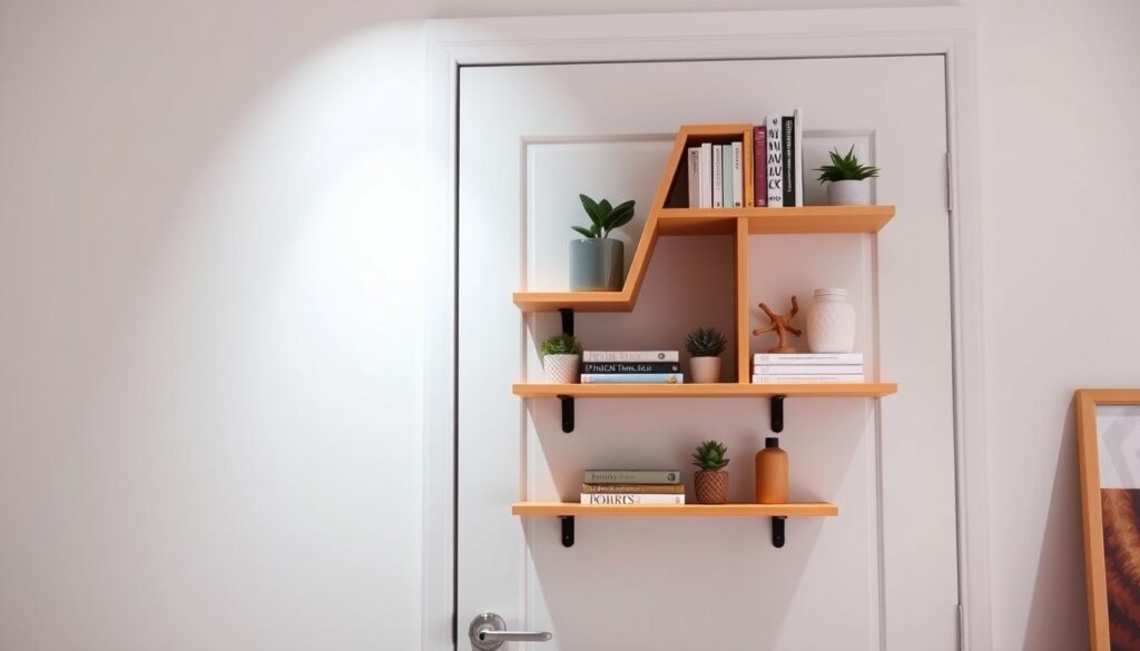 A well-designed over-the-door organizer in a modern, minimalist style. The organizer has sleek, angled shelves in a warm wood tone, neatly displaying various household items like books, plants, and small decor pieces. Bright, directional lighting from above casts soft shadows, highlighting the organizer's clean lines and elegant simplicity. The organizer is mounted on a plain white door, creating a striking contrast. The scene exudes a sense of organization, functionality, and refined aesthetic, perfectly suited for a stylish dorm room or small living space. A well-designed over-the-door organizer in a modern, minimalist style. The organizer has sleek, angled shelves in a warm wood tone, neatly displaying various household items like books, plants, and small decor pieces. Bright, directional lighting from above casts soft shadows, highlighting the organizer's clean lines and elegant simplicity. The organizer is mounted on a plain white door, creating a striking contrast. The scene exudes a sense of organization, functionality, and refined aesthetic, perfectly suited for a stylish dorm room or small living space.