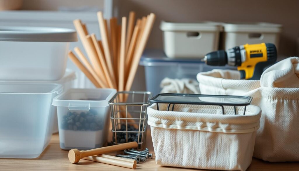 A well-lit, close-up shot of various materials and tools for a DIY drawer storage project. In the foreground, a selection of plastic storage containers, wire baskets, and fabric bins in neutral tones. In the middle ground, wooden dowels, screws, and a power drill. In the background, a soft, diffused lighting setup highlighting the textures and colors of the items. The composition emphadata-sizes the practical, organized nature of the project, conveying a sense of efficiency and thoughtfulness. A well-lit, close-up shot of various materials and tools for a DIY drawer storage project. In the foreground, a selection of plastic storage containers, wire baskets, and fabric bins in neutral tones. In the middle ground, wooden dowels, screws, and a power drill. In the background, a soft, diffused lighting setup highlighting the textures and colors of the items. The composition emphadata-sizes the practical, organized nature of the project, conveying a sense of efficiency and thoughtfulness.