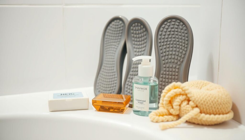 A well-lit, close-up still life shot of a set of shower shoes and essential hygiene items on a minimalist white bathroom countertop. The shoes are made of durable plastic with textured non-slip soles, standing upright. Beside them are a bar of unscented soap, a small bottle of shower gel, a travel-size shampoo, and a loofah sponge, all neatly arranged. The lighting is soft and diffused, accentuating the clean, clinical atmosphere. The angle is slightly elevated, creating a sense of order and organization, emphasizing the importance of maintaining proper hygiene in a shared dorm bathroom environment. A well-lit, close-up still life shot of a set of shower shoes and essential hygiene items on a minimalist white bathroom countertop. The shoes are made of durable plastic with textured non-slip soles, standing upright. Beside them are a bar of unscented soap, a small bottle of shower gel, a travel-size shampoo, and a loofah sponge, all neatly arranged. The lighting is soft and diffused, accentuating the clean, clinical atmosphere. The angle is slightly elevated, creating a sense of order and organization, emphasizing the importance of maintaining proper hygiene in a shared dorm bathroom environment.