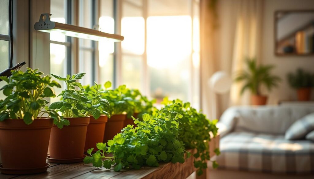A well-lit, cozy indoor herb garden setup. The foreground features lush, verdant potted herbs arranged on a rustic wooden window sill. Vibrant LED grow lights cast a warm, natural glow, casting long shadows and enhancing the vibrant greens. The middle ground showcases a large, open window, allowing ample natural daylight to pour in, illuminating the scene. In the background, a softly blurred view of a cozy, sun-dappled room, evoking a sense of tranquility and relaxation. The overall mood is one of serene productivity, with the herbs thriving under the perfect balance of natural and artificial light. A well-lit, cozy indoor herb garden setup. The foreground features lush, verdant potted herbs arranged on a rustic wooden window sill. Vibrant LED grow lights cast a warm, natural glow, casting long shadows and enhancing the vibrant greens. The middle ground showcases a large, open window, allowing ample natural daylight to pour in, illuminating the scene. In the background, a softly blurred view of a cozy, sun-dappled room, evoking a sense of tranquility and relaxation. The overall mood is one of serene productivity, with the herbs thriving under the perfect balance of natural and artificial light.