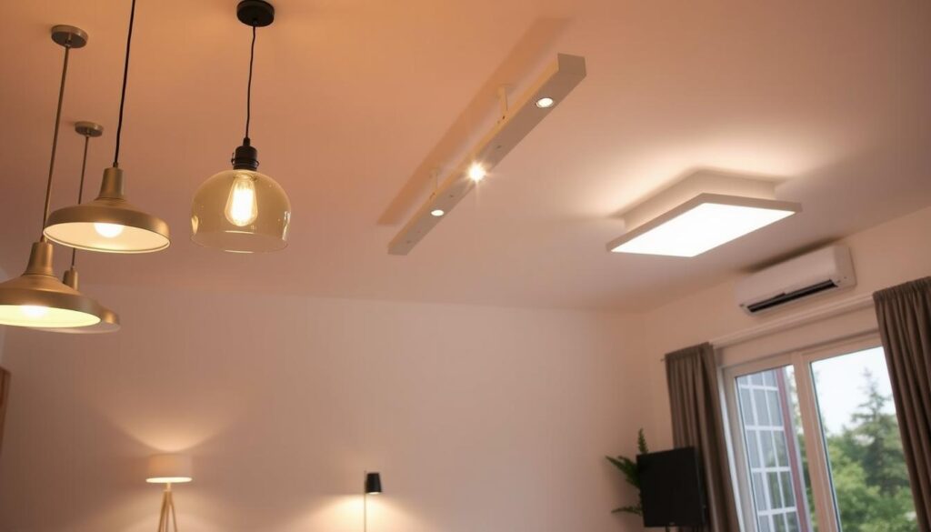 A well-lit living space with a variety of overhead lighting alternatives suitable for renter-friendly installations. In the foreground, a selection of stylish pendant lights, track lighting, and recessed fixtures illuminate a minimalist living room. The middle ground features a suspended track system with adjustable spotlights, providing targeted illumination. In the background, a sleek ceiling-mounted light bar casts a warm, ambient glow, complementing the natural light from windows. The overall scene conveys a modern, functional, and renter-friendly approach to transforming an overhead lighting setup. A well-lit living space with a variety of overhead lighting alternatives suitable for renter-friendly installations. In the foreground, a selection of stylish pendant lights, track lighting, and recessed fixtures illuminate a minimalist living room. The middle ground features a suspended track system with adjustable spotlights, providing targeted illumination. In the background, a sleek ceiling-mounted light bar casts a warm, ambient glow, complementing the natural light from windows. The overall scene conveys a modern, functional, and renter-friendly approach to transforming an overhead lighting setup.