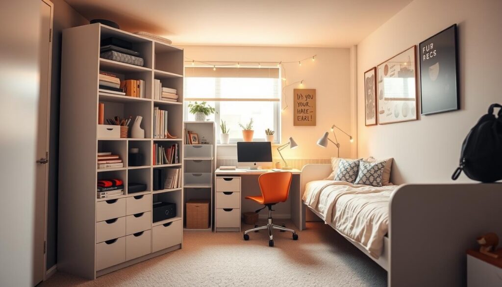 A well-lit, spacious dorm room with a functional, multi-purpose storage solution in the foreground. The solution features a combination of drawers, shelves, and cubbies, all in a sleek, modern design. The middle ground showcases a neatly organized desk with various stationery and electronic items, while the background highlights the cozy, personalized decor of the room, including string lights and inspirational wall art. The lighting is warm and inviting, creating a calm and productive atmosphere. The overall composition emphadata-sizes the efficient use of limited space and the importance of maintaining an organized, clutter-free living environment. A well-lit, spacious dorm room with a functional, multi-purpose storage solution in the foreground. The solution features a combination of drawers, shelves, and cubbies, all in a sleek, modern design. The middle ground showcases a neatly organized desk with various stationery and electronic items, while the background highlights the cozy, personalized decor of the room, including string lights and inspirational wall art. The lighting is warm and inviting, creating a calm and productive atmosphere. The overall composition emphadata-sizes the efficient use of limited space and the importance of maintaining an organized, clutter-free living environment.