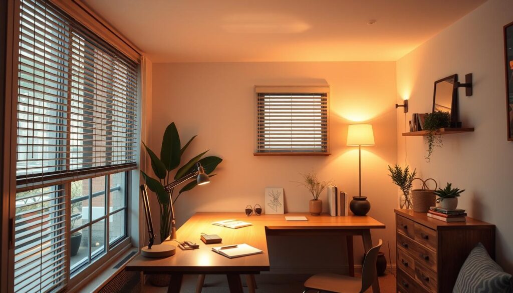 A well-lit study area with soft, warm lighting that illuminates the workspace. A reading lamp with an adjustable arm casts a focused beam on the desk, while ambient lighting from a floor lamp and wall sconces creates a cozy, productive atmosphere. The space has a clean, minimal aesthetic with wooden furniture and natural decor elements like plants. Large windows allow natural light to filter in, but blinds or curtains can be adjusted to control the brightness. Shadows and highlights are carefully balanced to reduce eye strain and enhance focus. A well-lit study area with soft, warm lighting that illuminates the workspace. A reading lamp with an adjustable arm casts a focused beam on the desk, while ambient lighting from a floor lamp and wall sconces creates a cozy, productive atmosphere. The space has a clean, minimal aesthetic with wooden furniture and natural decor elements like plants. Large windows allow natural light to filter in, but blinds or curtains can be adjusted to control the brightness. Shadows and highlights are carefully balanced to reduce eye strain and enhance focus.