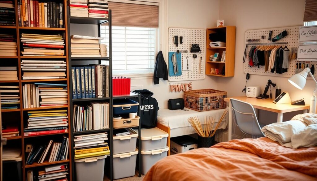 A well-organized dorm room with various storage solutions. In the foreground, a set of modular shelves filled with neatly arranged textbooks, binders, and folders. The middle ground features a bed with underbed storage containers, providing ample space for clothing and personal items. In the background, a desk with a pegboard system displaying organization tools and office supplies. Soft, warm lighting illuminates the scene, creating a cozy and productive atmosphere. The overall composition emphadata-sizes efficient use of limited dorm space, encouraging decluttering and maximizing storage potential. A well-organized dorm room with various storage solutions. In the foreground, a set of modular shelves filled with neatly arranged textbooks, binders, and folders. The middle ground features a bed with underbed storage containers, providing ample space for clothing and personal items. In the background, a desk with a pegboard system displaying organization tools and office supplies. Soft, warm lighting illuminates the scene, creating a cozy and productive atmosphere. The overall composition emphadata-sizes efficient use of limited dorm space, encouraging decluttering and maximizing storage potential.