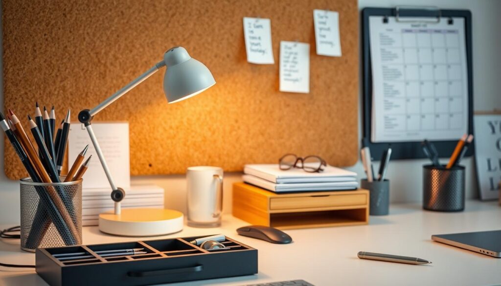 A well-organized workspace with a variety of neatly arranged accessories. In the foreground, a desktop organizer with compartments for pens, pencils, and office supplies. In the middle ground, a sleek desk lamp with an adjustable arm casts a warm, focused light. Behind it, a stack of notebooks and a minimalist pen holder. In the background, a corkboard with inspirational notes and a calendar in a modern, monochromatic color scheme. The entire scene is captured in a soft, natural light, creating a calm and productive atmosphere. A well-organized workspace with a variety of neatly arranged accessories. In the foreground, a desktop organizer with compartments for pens, pencils, and office supplies. In the middle ground, a sleek desk lamp with an adjustable arm casts a warm, focused light. Behind it, a stack of notebooks and a minimalist pen holder. In the background, a corkboard with inspirational notes and a calendar in a modern, monochromatic color scheme. The entire scene is captured in a soft, natural light, creating a calm and productive atmosphere.