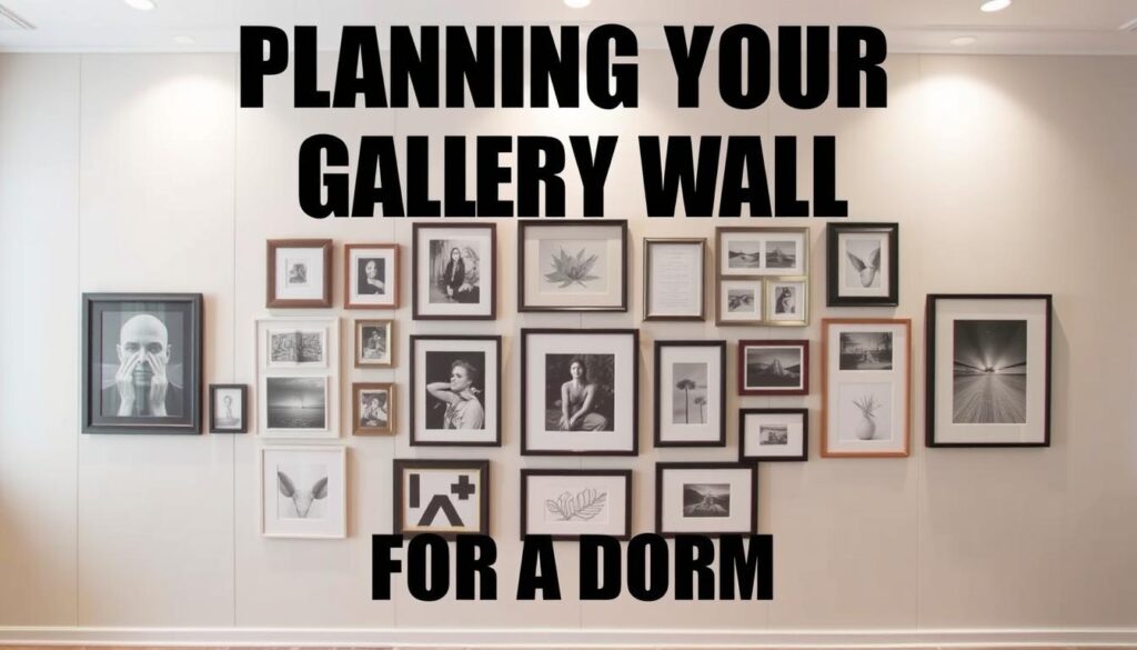 a gallery wall space planning scene with a well-organized layout of framed artworks, photographs, and decorative pieces. The foreground features a neutral-colored wall with a grid pattern of recessed lighting, creating a clean and contemporary backdrop. In the middle ground, a variety of framed artwork in different data-sizes, shapes, and styles is artfully arranged, with thoughtful spacing and alignment. The background showcases a minimalist, natural-inspired setting, such as a wooden floor or subtle textured wallpaper, to complement the gallery wall. The overall mood is one of intentional, visually appealing curation, reflecting the subject of "Planning Your Gallery Wall" for a dorm environment. a gallery wall space planning scene with a well-organized layout of framed artworks, photographs, and decorative pieces. The foreground features a neutral-colored wall with a grid pattern of recessed lighting, creating a clean and contemporary backdrop. In the middle ground, a variety of framed artwork in different data-sizes, shapes, and styles is artfully arranged, with thoughtful spacing and alignment. The background showcases a minimalist, natural-inspired setting, such as a wooden floor or subtle textured wallpaper, to complement the gallery wall. The overall mood is one of intentional, visually appealing curation, reflecting the subject of "Planning Your Gallery Wall" for a dorm environment.