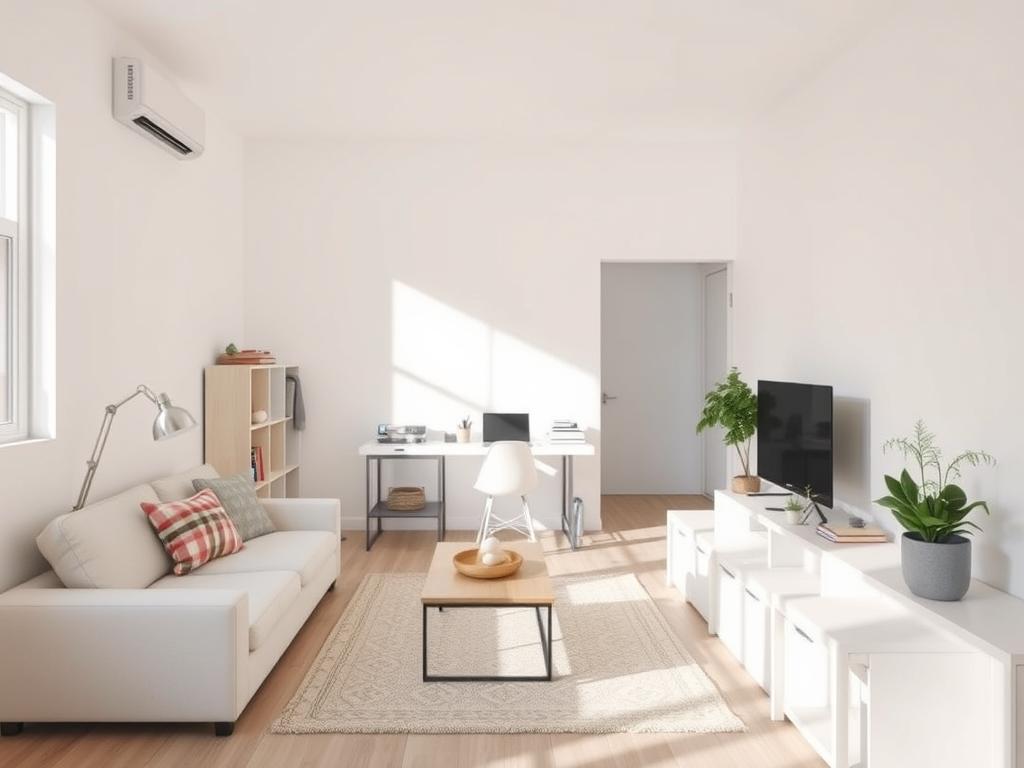 A bright student apartment living area painted in soft white with natural light reflecting throughout the space