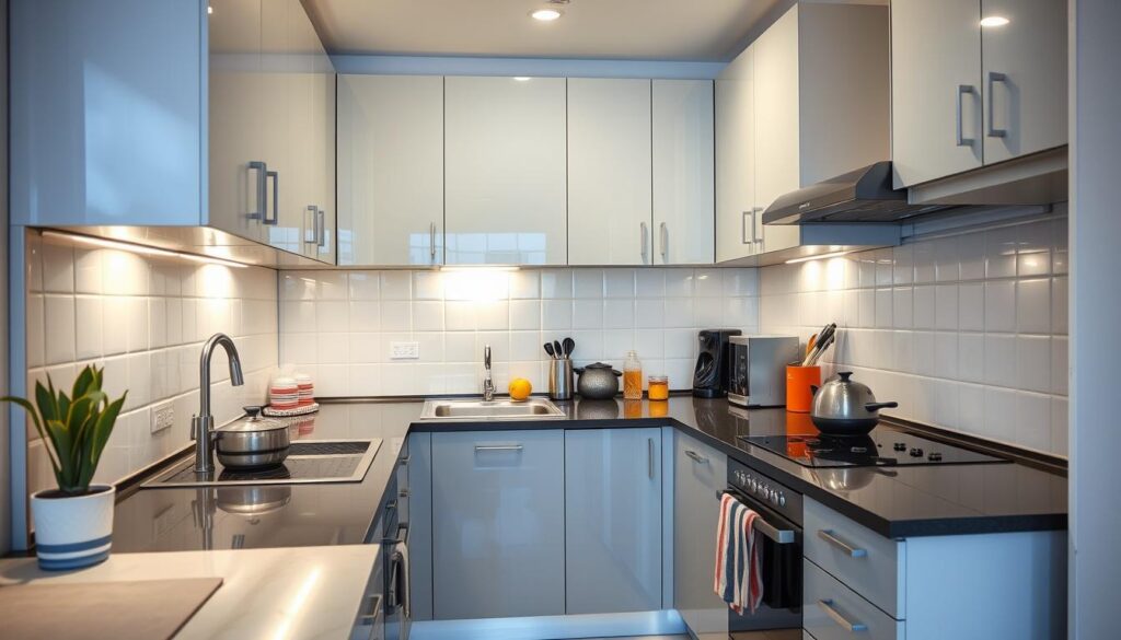 A small kitchen with glossy finishes reflecting light and creating the illusion of more space