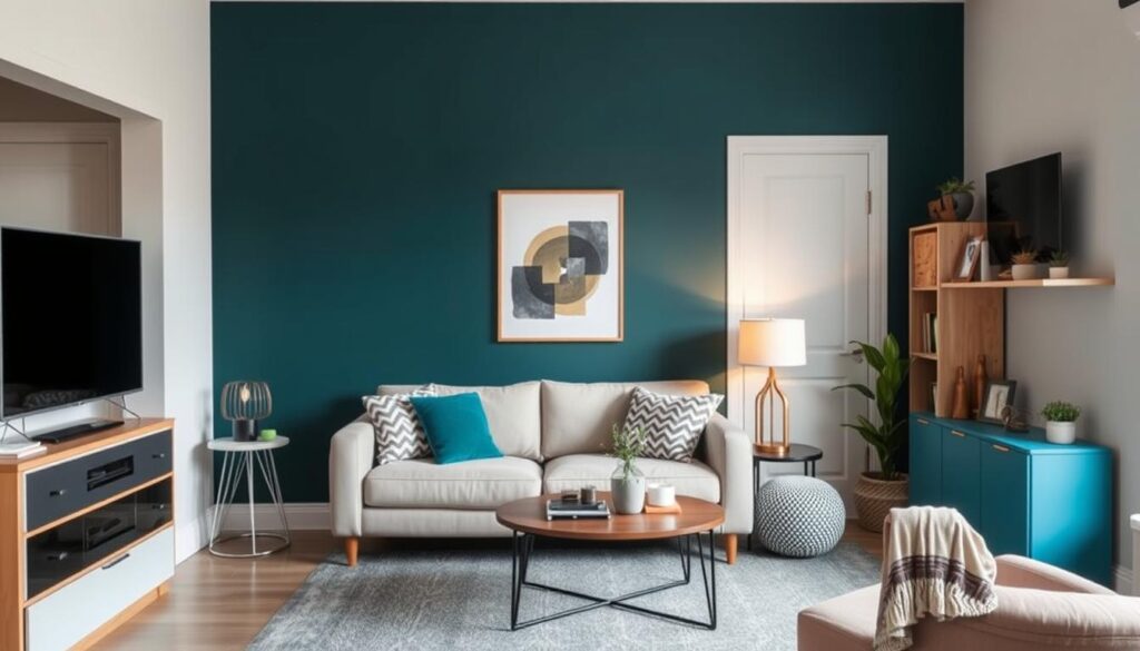 A student apartment living area with a strategic accent wall that creates depth and visual interest