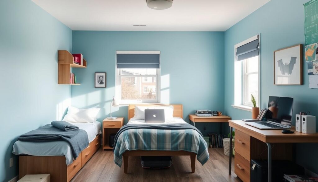 A student bedroom with light blue walls creating a sense of depth and openness