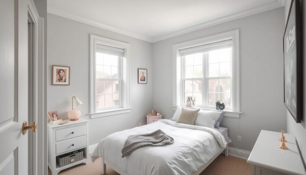 A student bedroom with walls and trim painted the same color to create a seamless, larger-looking space
