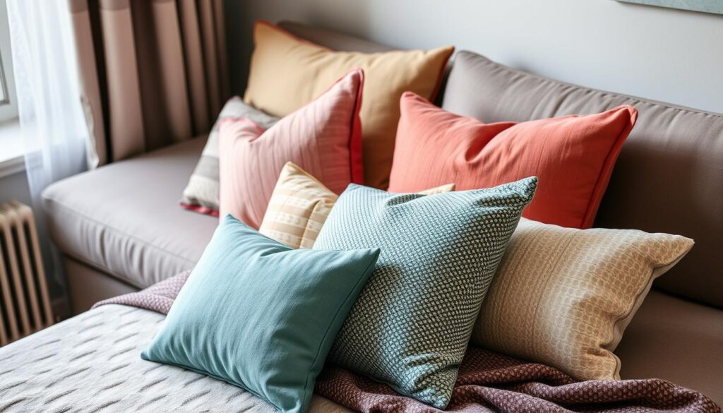 Assortment of budget-friendly throw pillows for studio apartment decor Assortment of budget-friendly throw pillows for studio apartment decor