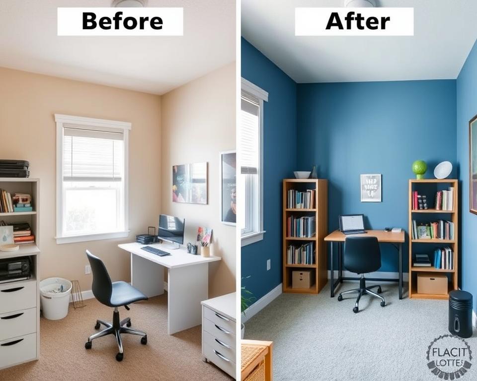 Before and after comparison of a small student study area painted in cool blue tones