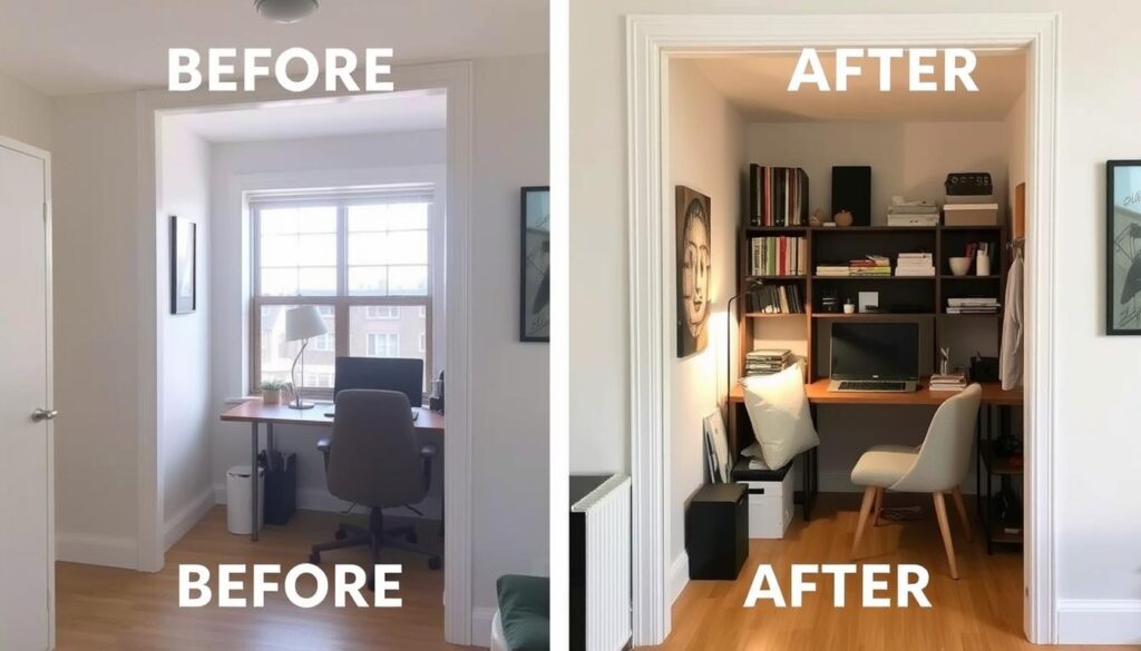Before and after of a small apartment corner transformed into a study nook